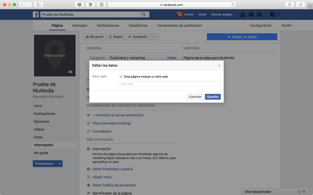 PÃ¡gina en Facebook Para tu Negocio, AÃ±adiendo Sitio Web 2