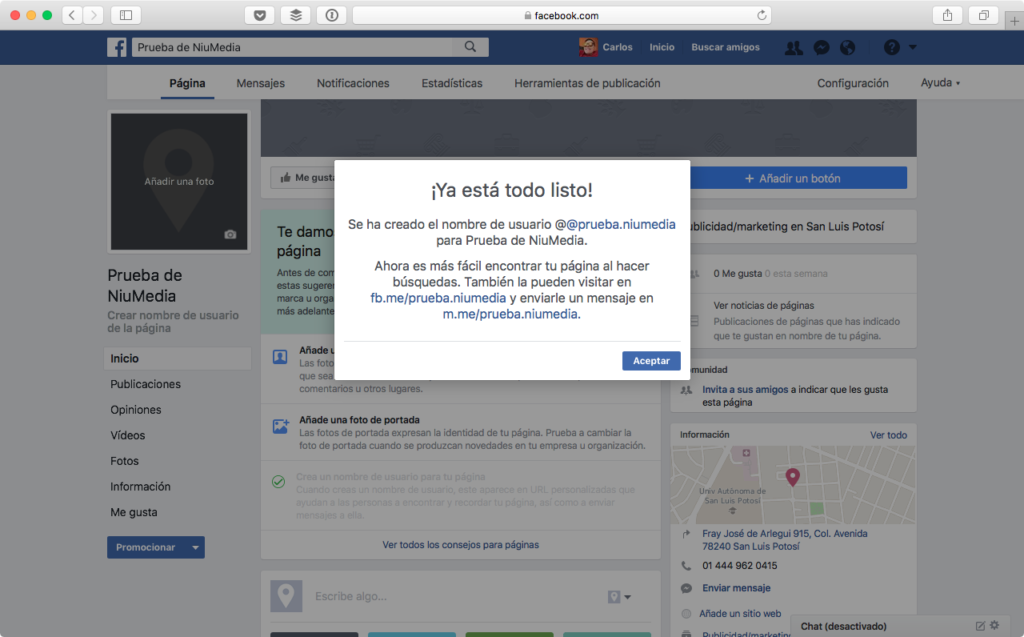 PÃ¡gina en Facebook Para tu Negocio, Agregando Nombre de Usuario 2
