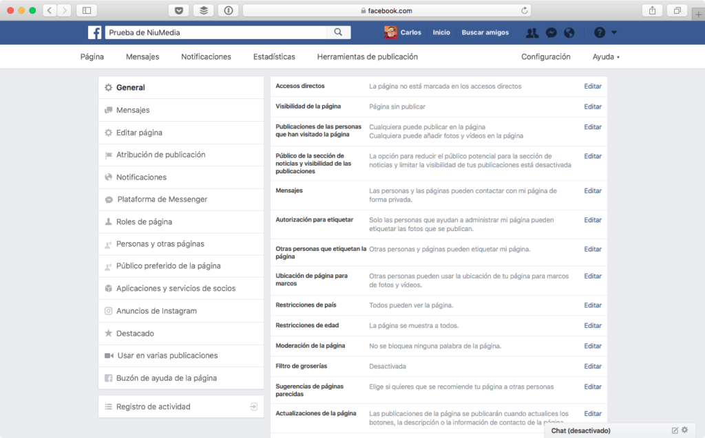 PÃ¡gina en Facebook Para tu Negocio, PestaÃ±a de AdministraciÃ³n "ConfiguraciÃ³n"