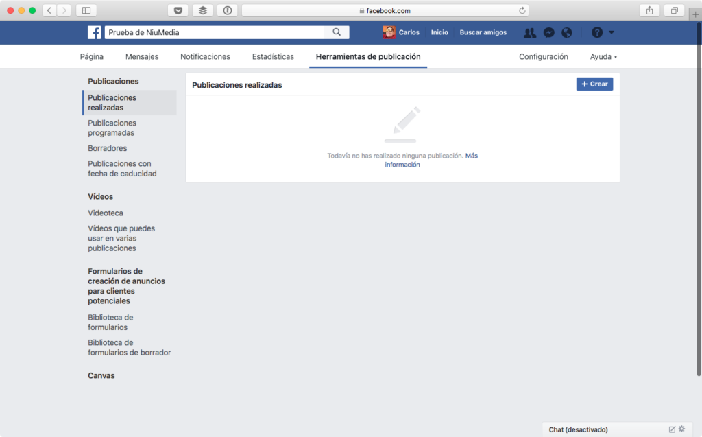PÃ¡gina en Facebook Para tu Negocio, PestaÃ±a de AdministraciÃ³n "Herramientas de PublicaciÃ³n"
