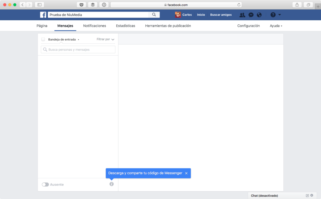 PÃ¡gina en Facebook Para tu Negocio, PestaÃ±a de AdministraciÃ³n "Mensajes"