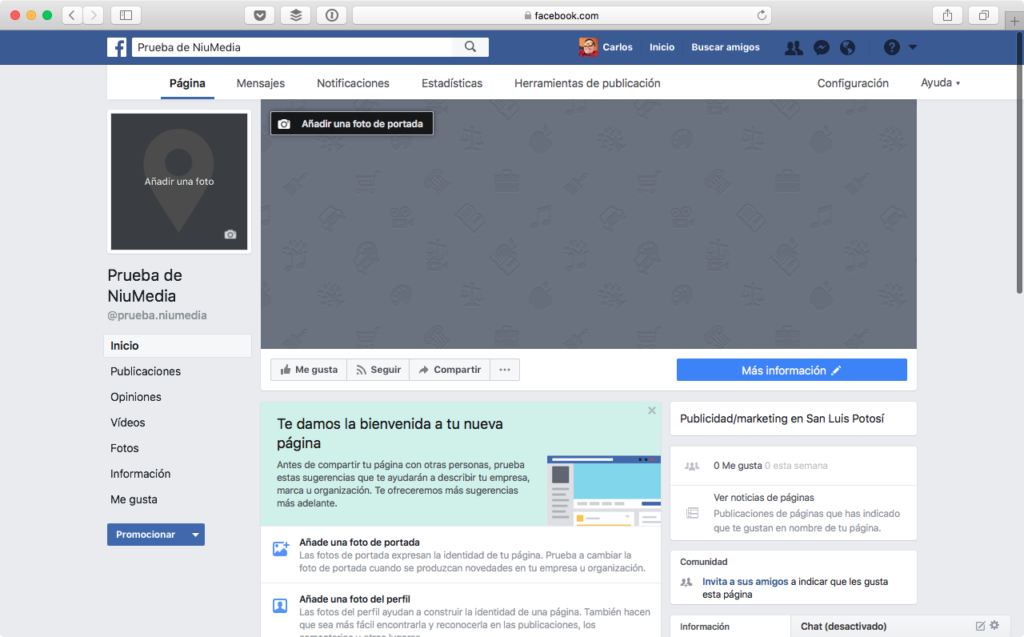 PÃ¡gina en Facebook Para tu Negocio, PestaÃ±a de AdministraciÃ³n "PÃ¡gina"