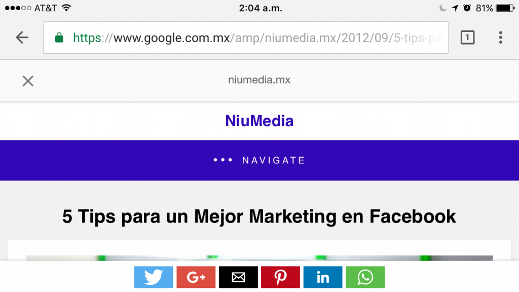 captura de pantalla que muestra post del blog de niumedia cargado como pÃ¡gina google amp tras realizar una bÃºsqueda, esta no muestra la url original