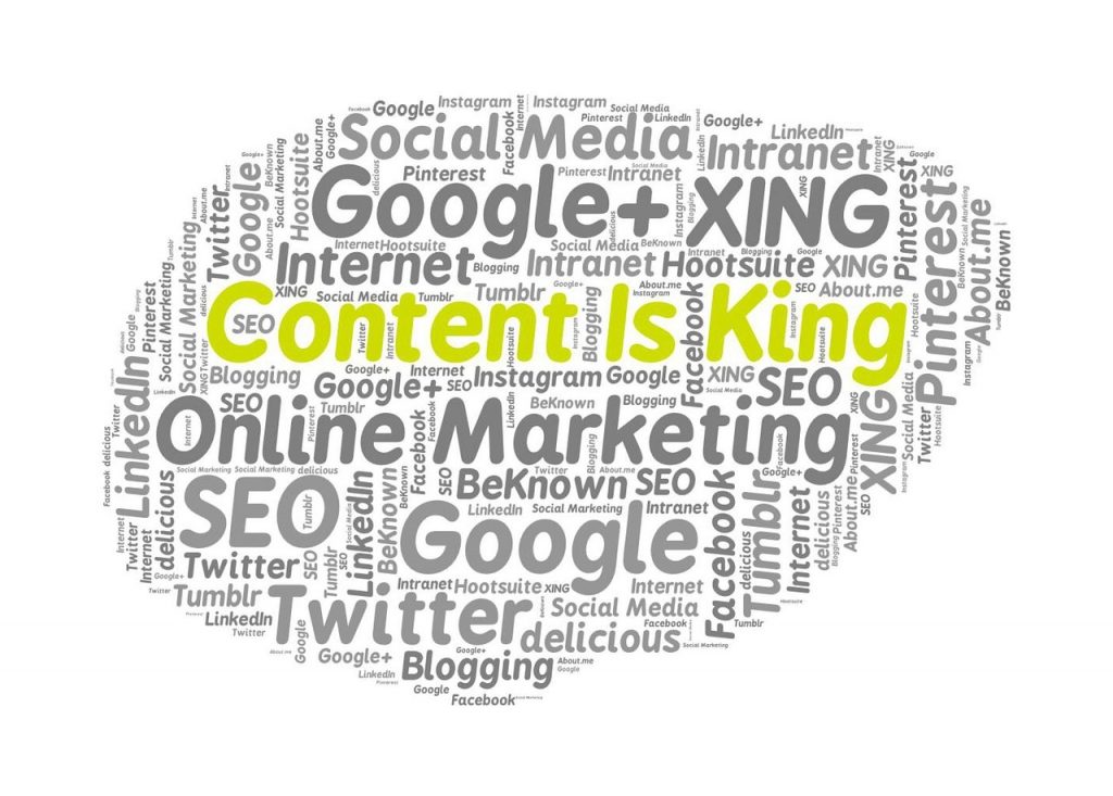 "nube" de palabras donde destaca la frase "content is king", que traducida al espaÃ±ol es "el contenido es el rey", para artÃ­culo sobre content marketing