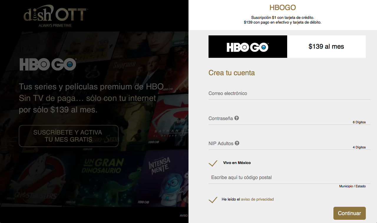 captura de pantalla landing pages hbo go dish ott 2